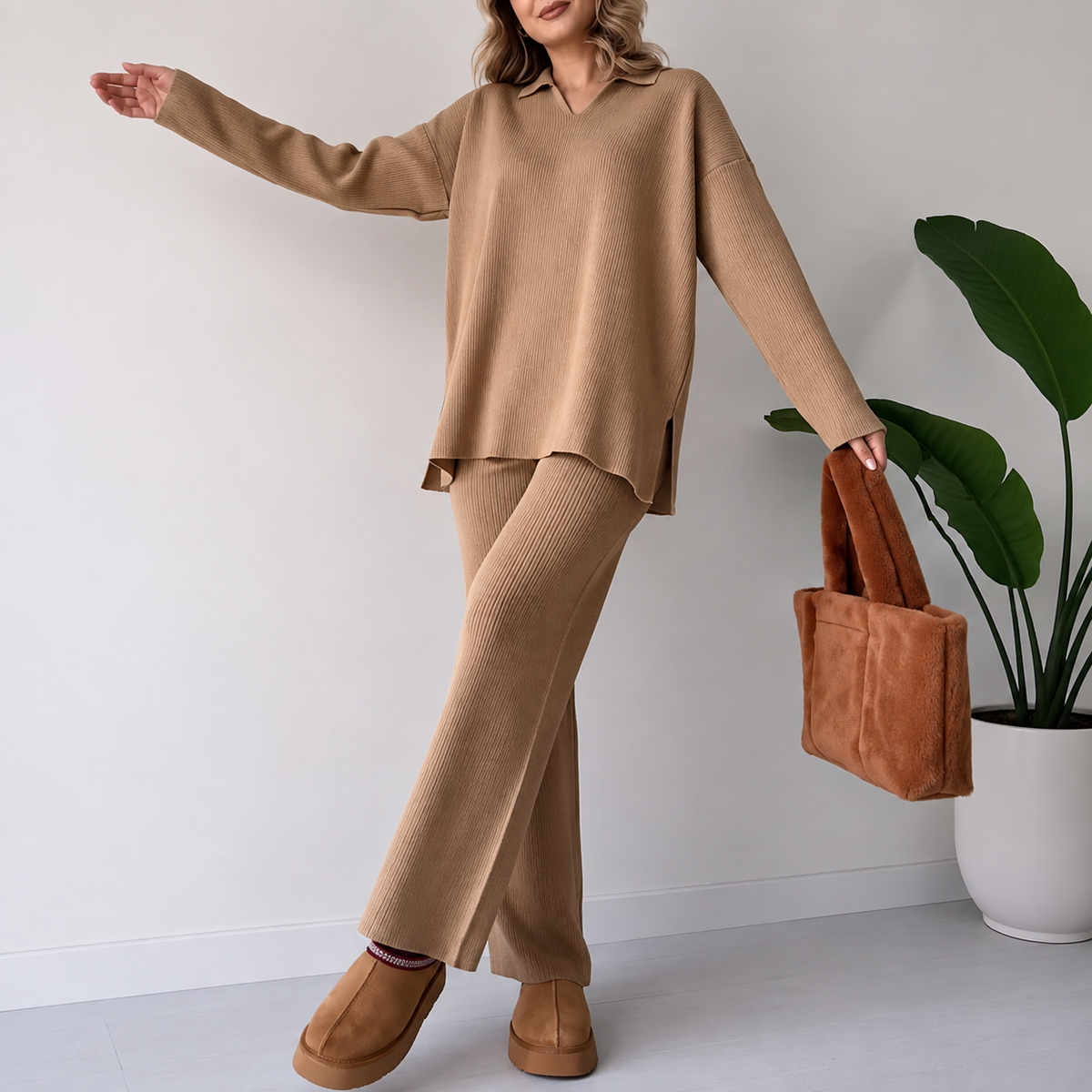 Ensemble Femme 2 Pièces en Maille Côtelée